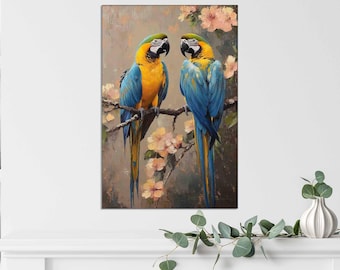Papegaaipaar canvas muurkunst, tropische ara gicleeprint, kleurrijke vogel schilderij, boho bloemen jungle decor voor woonkamer