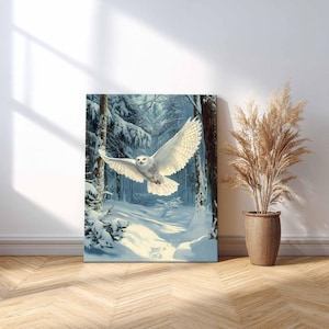 Snowy Owl Winter Forest Giclée Canvas Print, Majestic Bird Wall Art from Original Painting, Realistic Wildlife Art, Serene Blue Home Decor