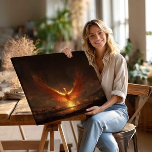 Phoenix Oil Painting Printed On Canvas,Fire Bird Fantasy Wall Art Prints Decor, Mythical Creature Artwork,Mystical Fiery Bird Illustration
