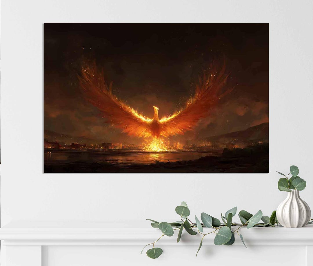 Fiery Phoenix Wall Art Canvas Giclee Print, Mythical Firebird Rising ...