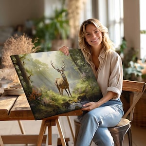 Whitetail Deer Oil Painting printed on canvas,Whitetail Deer by the Stream in Summer Forest Giclée Print, Deer Poster,Summer Style Gift