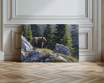 Canvaskunst bergbos Grizzlybeer, dieren in het wild, rustiek hutdecor