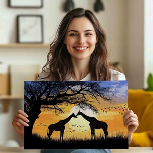Giraffe Sunset Canvas Print: African Wildlife Art, Safari Couple Decor