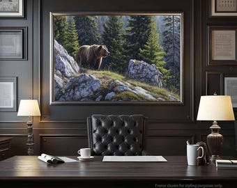 Grizzlybeer canvas kunst aan de muur, majestueuze dieren in het wild print, bergbos pijnbomen schilderij, rustieke cabine decor, grote natuurliefhebber cadeau