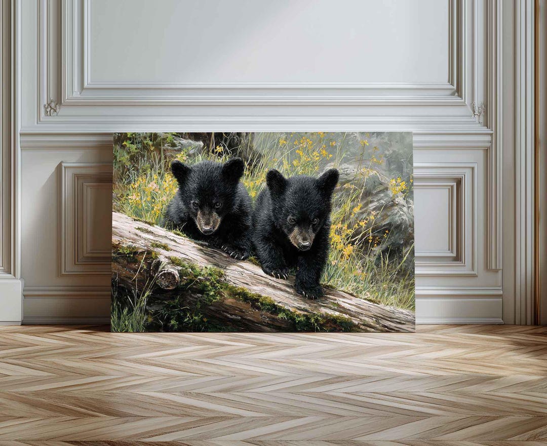Black Bear Cubs on Log Giclee Print on Canvas, Two Bears Art, Woodland ...