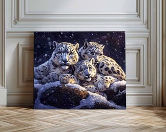 Stampa su tela giclée raffigurante una famiglia di leopardi delle nevi, un'opera d'arte invernale con grandi felini e fauna selvatica.