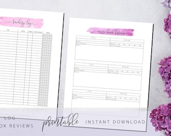 Reading Log, Reading Tracker, Book Planner, Printable Reading Log, Printable Mini Book Reviews, US Letter Size 8.5x11 pink purple watercolor