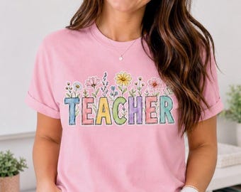 Maglietta da insegnante con stampa floreale / Maglietta con fiori selvatici ad acquerello, ideale per il ritorno a scuola.
