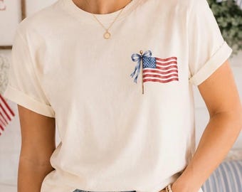 Maglietta con fiocco e bandiera americana ad acquerello / Maglietta patriottica americana femminile