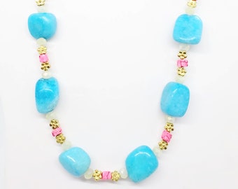 Blue Magnesite Chunky Necklace Handmade Pink Marble Resin Gold Flowers Heart Chakra Healing Gold Tone Toggle Clasp 21 Inch Long Necklace