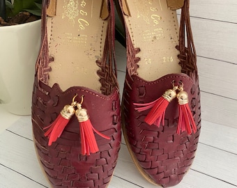 burgundy huaraches womens