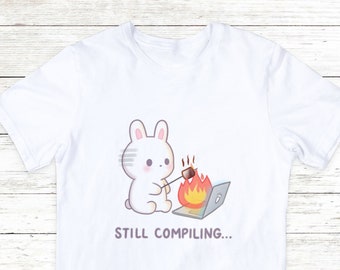 Still Compiling Bunny Programmer Humor Vinyl T-Shirt, Software Developer Gift, Cute Tech Coding Apparel, Computer Science, Gift for Engineer