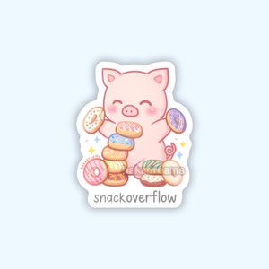 May include: A sticker featuring a cartoon pig holding a stack of donuts. The pig is pink with a smiling face and is surrounded by colorful donuts. The text "snackoverflow" is at the bottom.