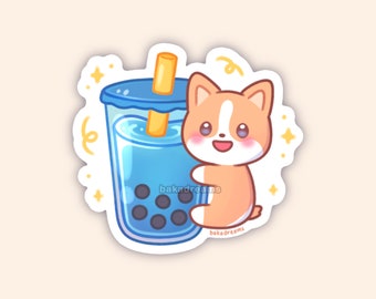 Corgi Boba Vinyl Sticker, Kawaii Corgi Laptop Sticker Gift, Bubble Milk Tea Sticker, Gift for Dog Lover, High Quality Durable Sticker