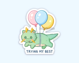 Trying My Best Little Green Dragon Vinyl Sticker, Cute Dragon, Year of the Dragon, Kawaii Waterbottle Laptop Sticker