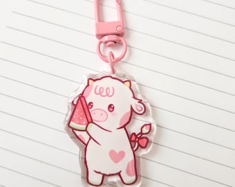 Watermelon Cow Acrylic Keychain | Cute Farm Animal Keyring | Kawaii Colorful Dairy Cow Art | Fun Accessory For Bags and Backpacks