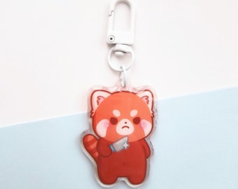 Stabby Red Panda Keychain, Kawaii Red Panda Keychain, Double Sided Clear Epoxy Acrylic, Angry Red Panda With Knife, Animal With Knife