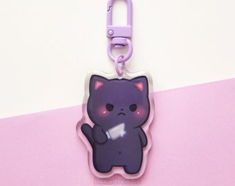 Stabby Black Cat Keychain, Kawaii Black Cat Keychain, Double Sided Clear Epoxy Acrylic, Murder Kitten With Knife, Animal With Knife