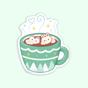 Hot Cocoa Vinyl Sticker, Hot Chocolate Cute Bunny Cat Marshmallows, Coffee Mug, Die Cut Decal Water Resistant Laptop Waterbottle