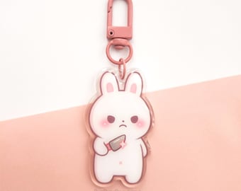 Stabby Bunny Keychain, Kawaii Rabbit Keychain, Double Sided Clear Epoxy Acrylic, Bunny With Knife, Animal With Knife