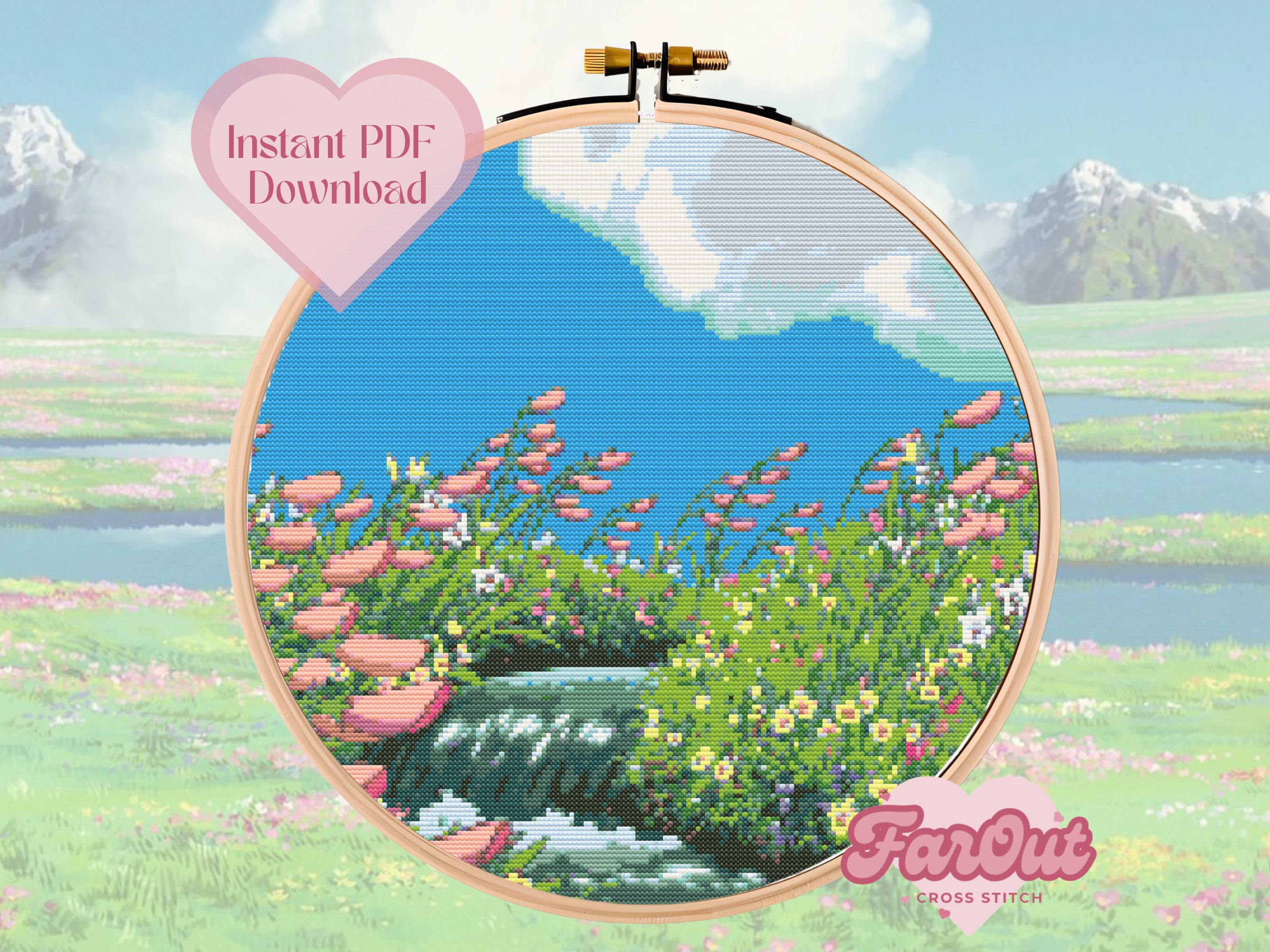 Waterfall Meadow | Anime Landscape Cross Stitch Pattern PDF | Instant Download
