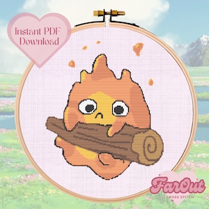Calcifer on His Log | Howls Castle Inspired Cross Stitch Pattern PDF | Instant Download
