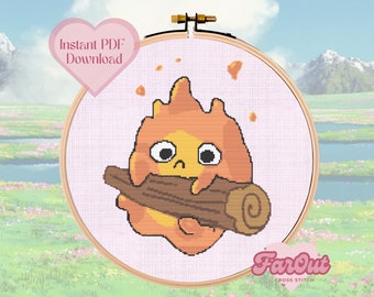 Calcifer on His Log | Howls Castle Inspired Cross Stitch Pattern PDF | Instant Download