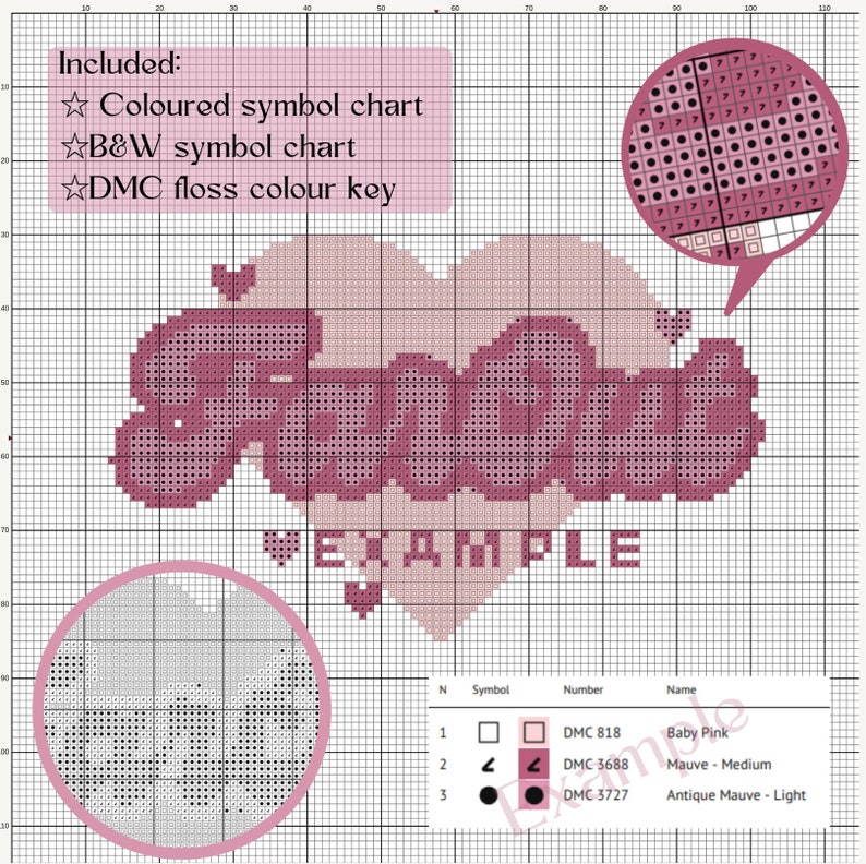 Op de afbeelding: Kruissteekpatroon voor het woord "Peace" in de vorm van een hart. Het patroon bevat een kleurenkaart met drie kleuren: Babyroze, Medium Mauve en Licht Antiek Mauve.