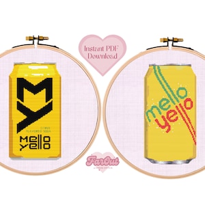 Puede incluir: Dos patrones de punto de cruz de latas de refresco Mello Yello. El patrón de la izquierda presenta una lata amarilla con una "M" negra y el texto "Citrus Flavored Soda Mello Yello". El patrón de la derecha presenta una lata amarilla con el texto "Mello Yello" en rojo y verde.