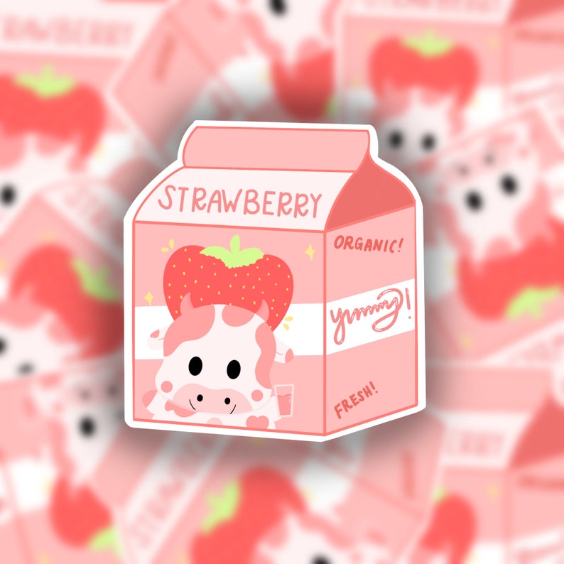 Strawberry Cow Milk Carton Sticker Glossy Waterproo