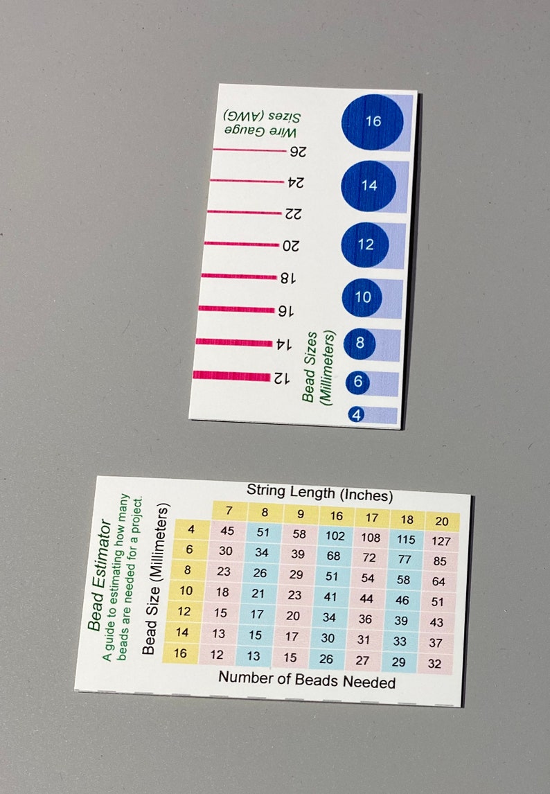 May include: Two charts for beading projects. The first chart shows wire gauge sizes in AWG and bead sizes in millimeters. The second chart shows the number of beads needed for different string lengths in inches.