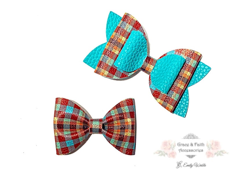 Autumn Fall Plaid Hair Bow and Bow Tie Faux Leather Brother Sister Fall Autumn Bow and Bowtie Autumn Plaid Faux Leather Bows