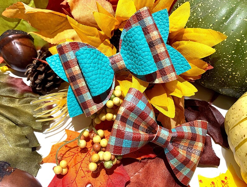 Autumn Fall Plaid Hair Bow and Bow Tie Faux Leather Brother Sister Fall Autumn Bow and Bowtie Autumn Plaid Faux Leather Bows