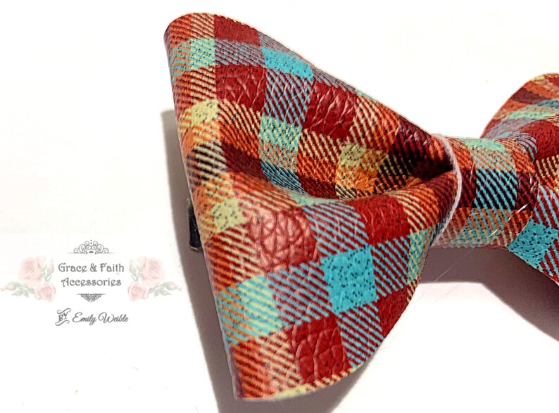 Autumn Fall Plaid Hair Bow and Bow Tie Faux Leather Brother Sister Fall Autumn Bow and Bowtie Autumn Plaid Faux Leather Bows