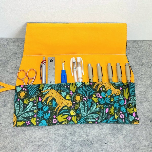 Canvas Pen Roll / Tool Roll, Jungle Leopard Cheetah Botanical Floral Print