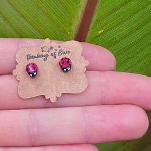 Puede incluir: Pendientes de botón de mariquita en una tarjeta marrón con el texto "Thinking of Ewe". Los pendientes son rojos con lunares negros y detalles en blanco y negro. Los pendientes son pequeños y delicados.