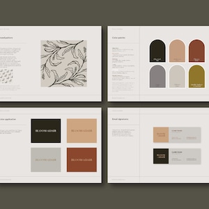 May include: Brand guide featuring a colour palette, brand pattern, colour application, and email signature examples. The colour palette includes olive green, blush, terracotta, grey, beige, and gold. The brand pattern features a stylised floral design. The colour application shows the brand name "BLOOM ADAIR" in different colours. The email signature examples include the brand name and contact information.