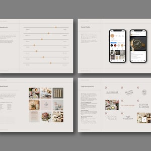 May include: A brand style guide featuring a mood board, social media examples, and logo best practice guidelines. The mood board showcases images of candles, flowers, and packaging. The social media examples display a phone screen with a mock-up of an Instagram feed. The logo best practice section presents various versions of the logo with the text "Bloom & Adair".