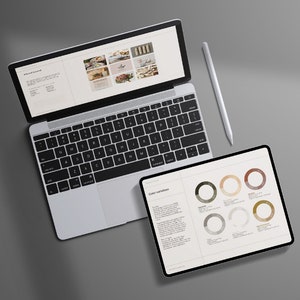 May include: A laptop computer with a white background and a tablet computer with a colour palette on the screen. The tablet is open to a page with the title "Colour variations" and shows six different colour swatches in circles.