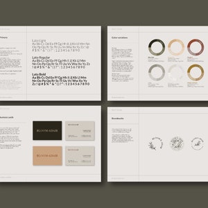 May include: A brand identity guide featuring a colour palette of brown, beige, and grey. The guide includes a font selection, colour variations, and brandmarks. The brandmarks include a floral design with the text "Bloom Adair".