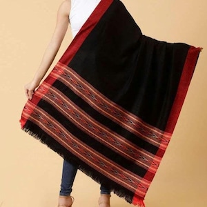 Meditation Shawl, Wool and Silk Scarf, Yoga Blanket, Himalayan Style, Indian Design, Warm Travel Blanket, Super Soft Sheep Wool Colour_Black