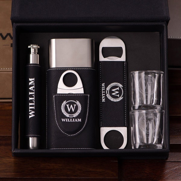 Personalized Groomsmen Gifts Box Set - Travel Cigar Case with Cigar Cutter, Groomsmen Gift Flask, Custom Bottler Opener, Engraved Shot Glass