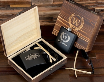 Personalized Sunglasses and Hip Flask in Wooden Gift Box, Groomsmen Gifts, Groomsman Proposal Gift, Best Man Gift, Groom Gift, Wedding Gifts