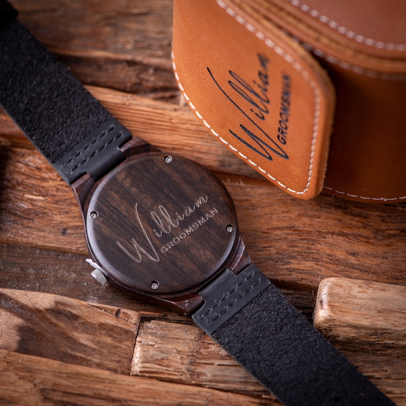 Cadeaux personnalisés pour garçons d'honneur, cadeau homme, cadeau mari, cadeau d'anniversaire pour lui, cadeau montre homme pour homme, montre en bois avec boîte à montre en cuir image 5