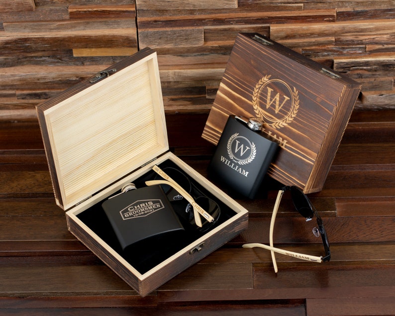 Personalized Sunglasses and Flask in Gift Box, Groomsmen Gifts, Groomsman Proposal Gift, Best Man Gift, Husband Gift, Bachelor Gifts for Men image 2