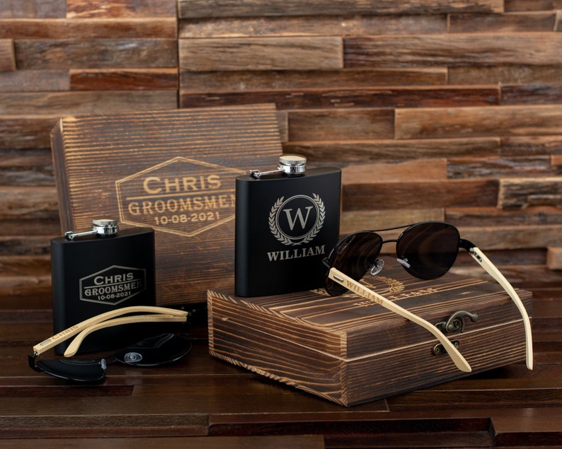 Personalized Sunglasses and Flask in Gift Box, Groomsmen Gifts, Groomsman Proposal Gift, Best Man Gift, Husband Gift, Bachelor Gifts for Men image 5