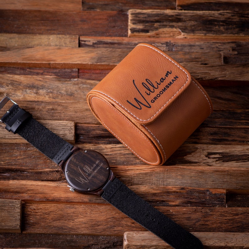 Cadeaux personnalisés pour garçons d'honneur, cadeau homme, cadeau mari, cadeau d'anniversaire pour lui, cadeau montre homme pour homme, montre en bois avec boîte à montre en cuir image 3