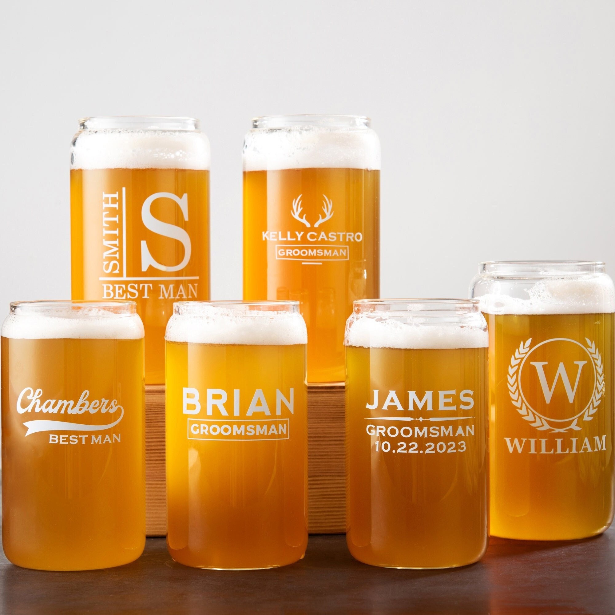 Froolu Personalized Beer Can Glass - Wedding Groomsman Glasses (Set of 6) -  9 Premium Design Options - Groomsmen Gift Ideas - Custom Drinking Cups 
