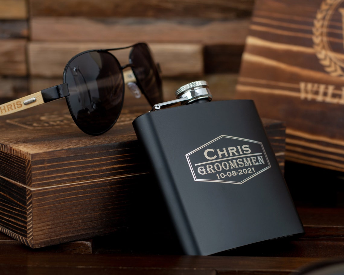 Groomsmen Gifts Personalized Wood Sunglasses and Hip Flask in Etsy