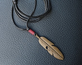 Feather Pendant Vegan Leather Necklace, Unisex Jewelry